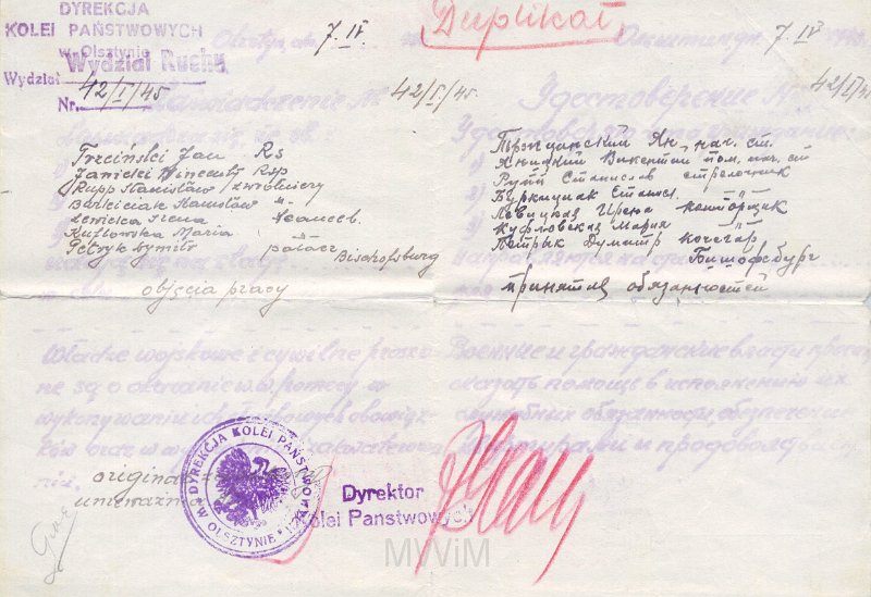 KKE 6084.jpg - Dok. Zaświadczenie z Wydziału Ruchu PKP dla Jana Trzcińskiego udającego się na stację w celu podjęcia pracy, Olsztyn, 7 IV 1945 r.